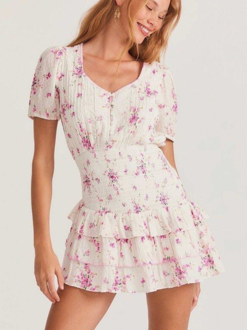 LoveShackFancy Keelin Cottage core short-sleeve floral Asymmetric Hem dress xs